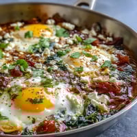 Vibrant spinach and feta shakshuka with perfectly poached eggs in a savory tomato sauce.