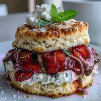 Fluffy strawberry basil shortcake biscuits topped with juicy strawberries and fresh whipped cream.  