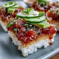 Crispy rice salad with avocado and spicy tuna, topped with fresh cucumber and sesame seeds, served on a white plate.